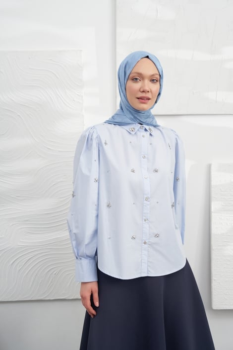 Italienischer Jacquard Schal - Pied - de - Poule - Himmelblau - D'ITINA