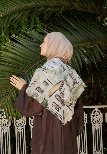 Patterned Cotton Voile Scarf - Amelia Khaki - D'ITINA