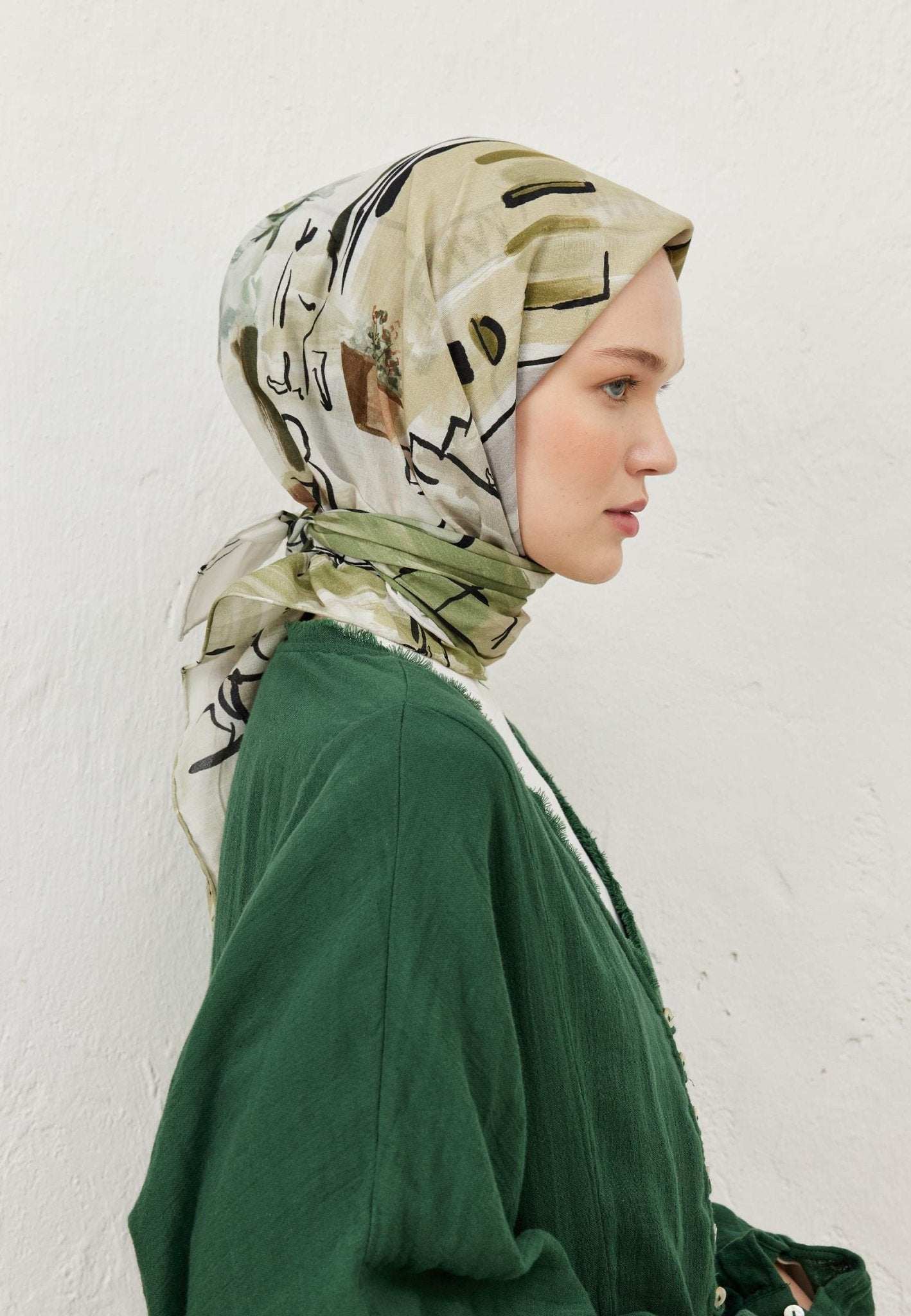 Patterned Cotton Voile Scarf - Amelia Khaki - D'ITINA