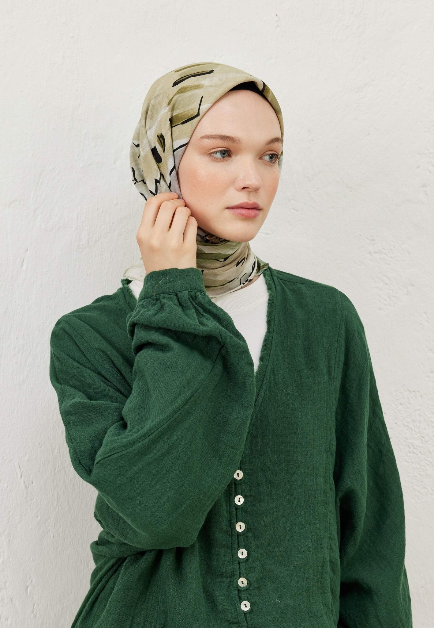 Patterned Cotton Voile Scarf - Amelia Khaki - D'ITINA