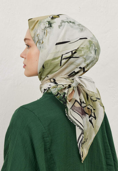 Patterned Cotton Voile Scarf - Amelia Khaki - D'ITINA