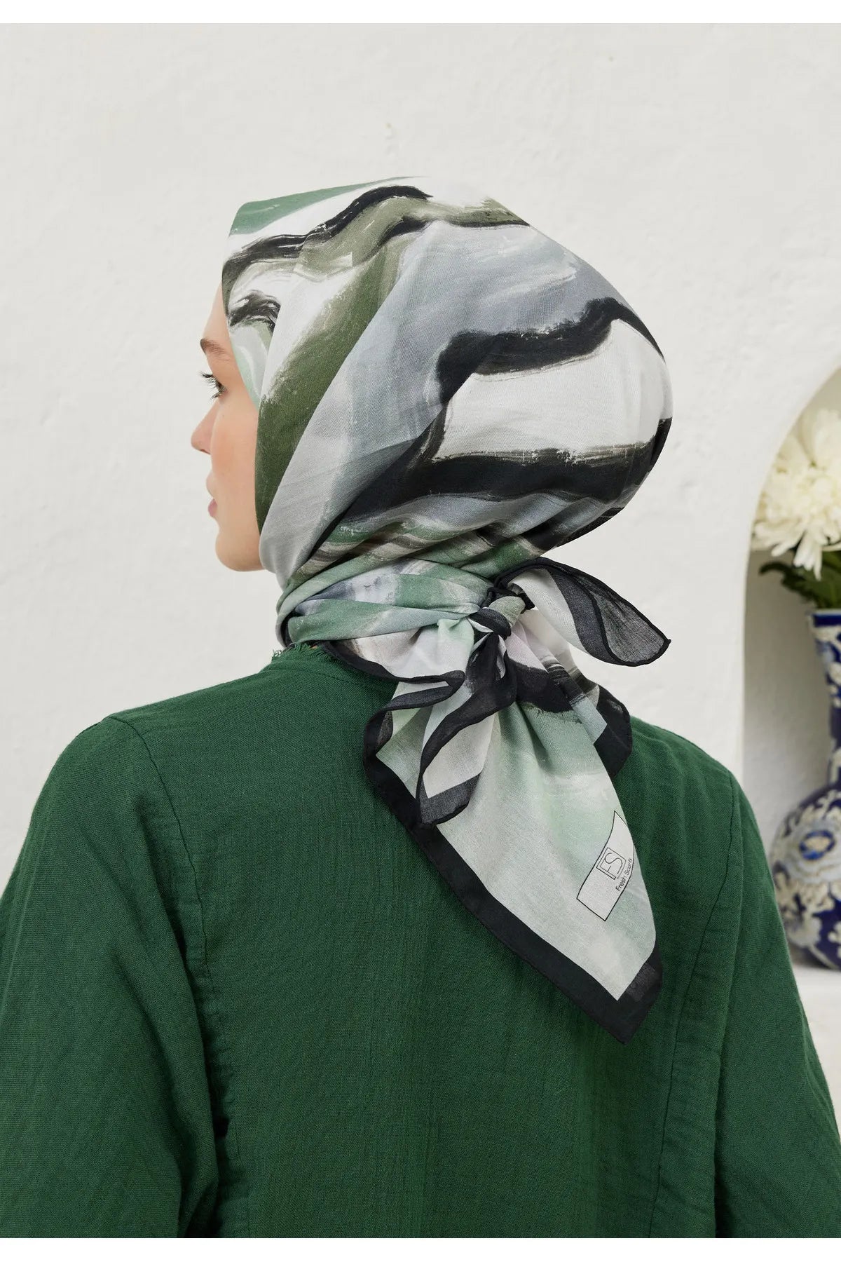 Patterned Cotton Voile Scarf - Color Waves Black - D'ITINA